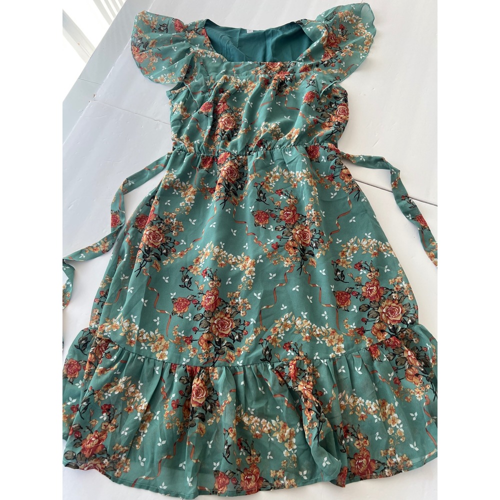 Green Floral Flutter Sleeve Midi Dress Square Neck Ruffle Hem Teal Medium